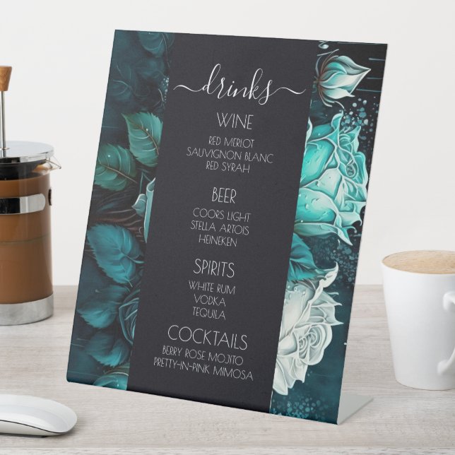 Create Your Own Blue Roses Calligraphy Drinks Menu Pedestal Sign (In SItu)