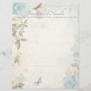 Create Your Own Blue Shabby Chic Buttefly Roses Letterhead