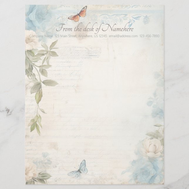 Create Your Own Blue Shabby Chic Buttefly Roses Letterhead (Front)