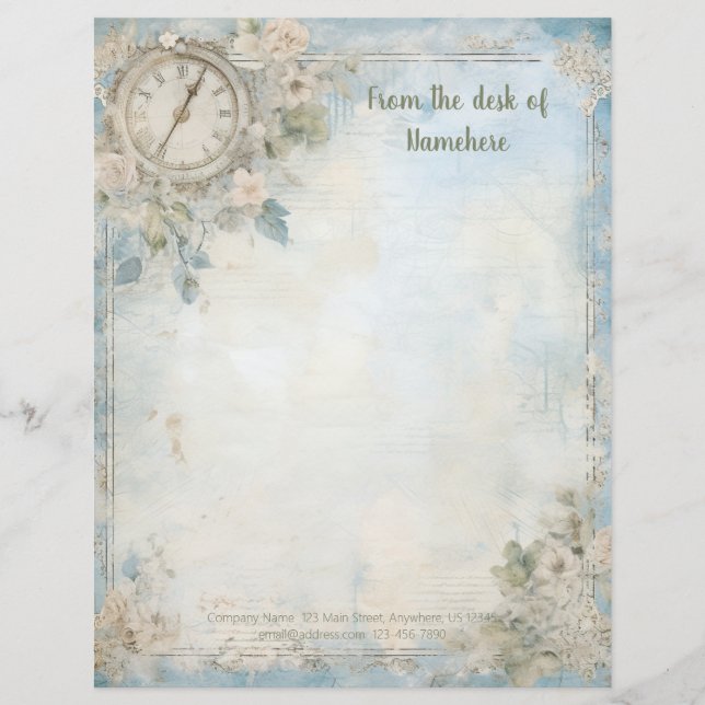 Create Your Own Blue Shabby Chic Floral Clock Letterhead (Front)