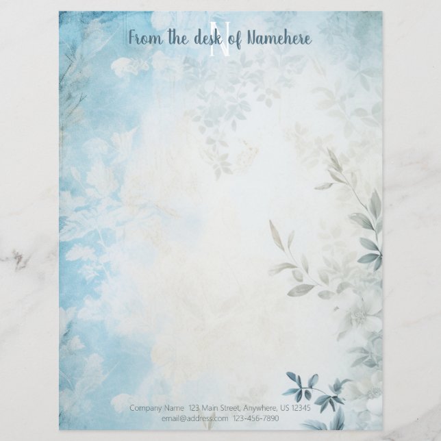 Create Your Own Blue Shabby Chic Leaves Letterhead (Front)