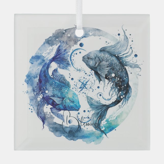 Create Your Own Blue & Teal Pisces Zodiac Glass Ornament (Front)