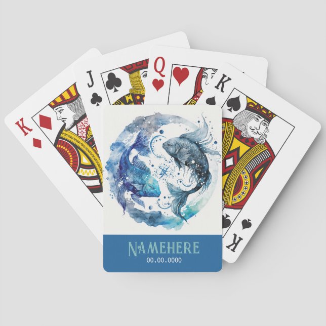 Create Your Own Blue & Teal Pisces Zodiac Playing Cards (Back)