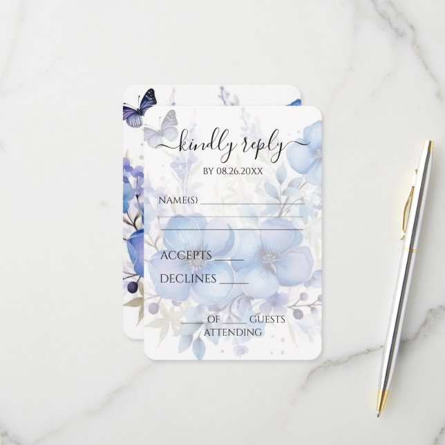 Create Your Own Blue Watercolor Butterfly Flowers RSVP Card (Front/Back In Situ)