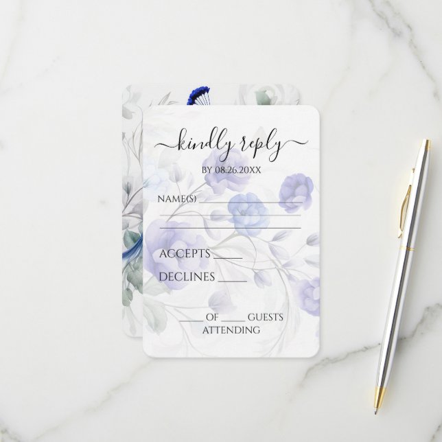 Create Your Own Blue Watercolor Peacock & Flowers RSVP Card (Front/Back In Situ)