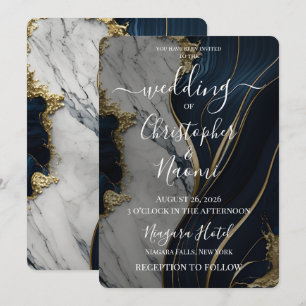 Create Your Own Blue White Gold Marble Wedding Invitation