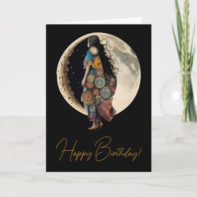 Create Your Own Boho Floral Moon Walk Holiday Card (Front)
