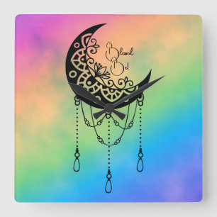 Create Your Own Boho Leafy Moon Silhouette Square Wall Clock