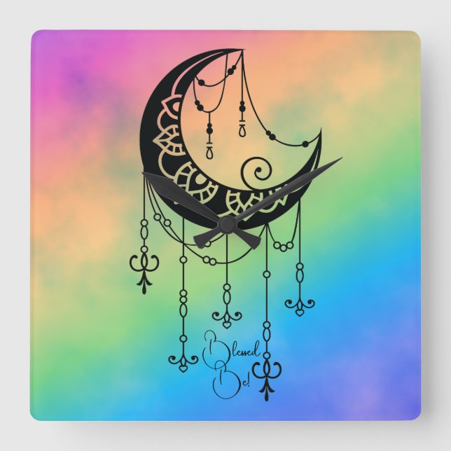 Create Your Own Boho Ornate Moon Silhouette Square Wall Clock (Front)