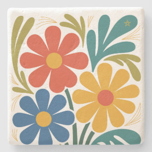 Create Your Own Bright Retro Whimsical Daisies Stone Coaster