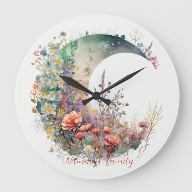 Create Your Own Bright Sunset Floral Crescent Moon Large Clock (Front)