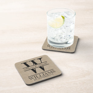 Create Your Own Burlap Logo Anniversary Monogram Coaster