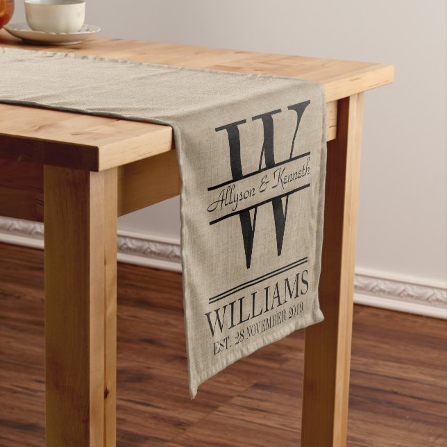 Create Your Own Burlap Logo Anniversary Monogram Short Table Runner (In Situ)