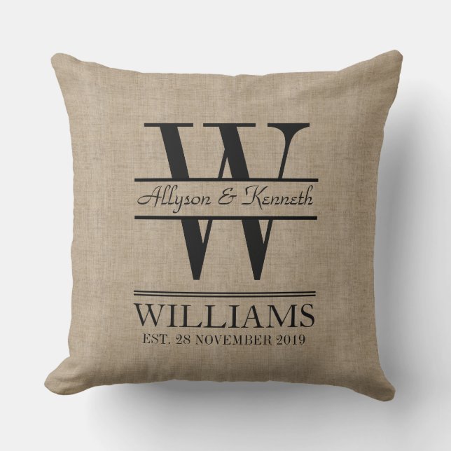 Create Your Own Burlap Logo Anniversary Monogram Throw Pillow (Front)