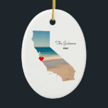 Create Your Own California Shape Vacation Photo Ceramic Ornament<br><div class="desc">Add a photo over the top of the map shape of the state of California. My sample photo was taken during a road trip to the aquarium and beach near Monterey Bay. You can change the heart colour, move it, or delete that text symbol. You can also add a photo...</div>