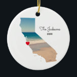 Create Your Own California Vacation Photo Ceramic Ornament<br><div class="desc">Add a photo over the top of the map shape of the state of California. My sample photo was taken during a road trip to the aquarium and beach near Monterey Bay. You can change the heart colour, move it, or delete that text symbol. You can also add a photo...</div>