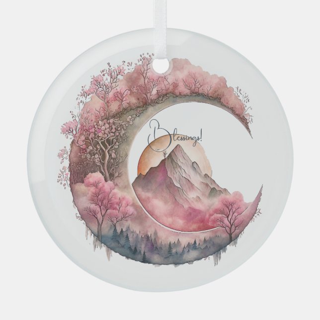 Create Your Own Cherry Blossom Moon Landscape Glass Ornament (Front)
