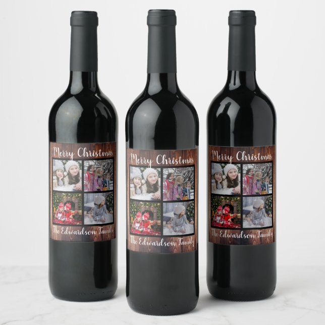Create your own Christmas family photo collage Wine Label (Bottles)