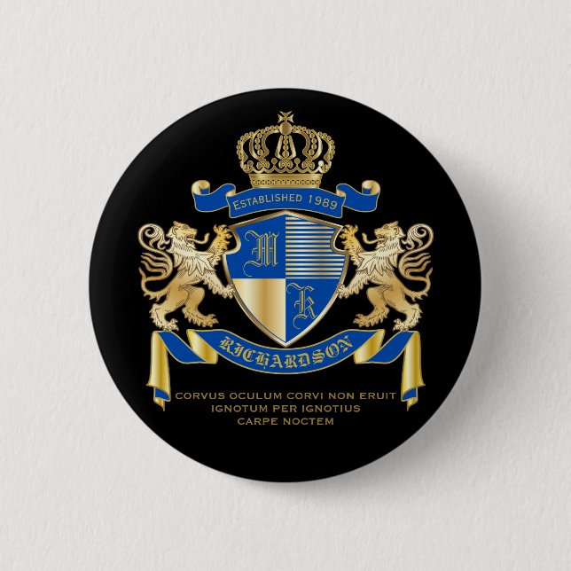 Create Your Own Coat of Arms Blue Gold Lion Emblem 2 Inch Round Button (Front)