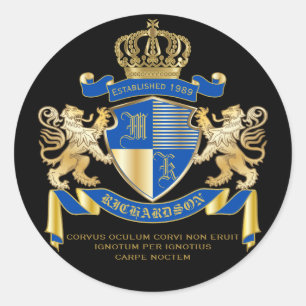 Create Your Own Coat of Arms Blue Gold Lion Emblem Classic Round Sticker