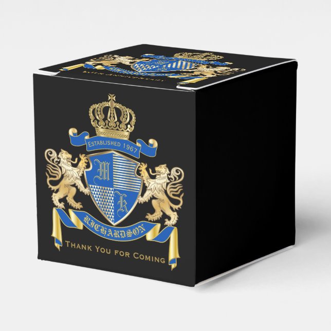 Create Your Own Coat of Arms Blue Gold Lion Emblem Favor Box (Front Side)