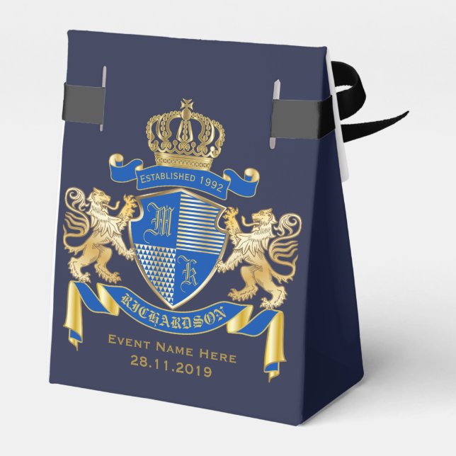Create Your Own Coat of Arms Blue Gold Lion Emblem Favor Box (Back Side)