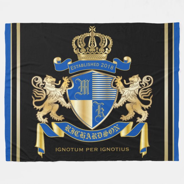 Create Your Own Coat of Arms Blue Gold Lion Emblem Fleece Blanket (Front (Horizontal))