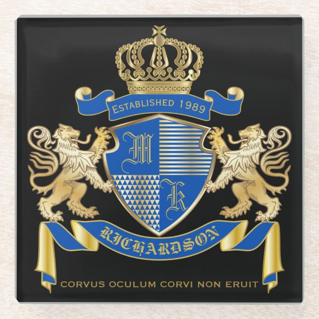 Create Your Own Coat of Arms Blue Gold Lion Emblem Glass Coaster (Front)