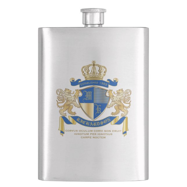 Create Your Own Coat of Arms Blue Gold Lion Emblem Hip Flask (Front)