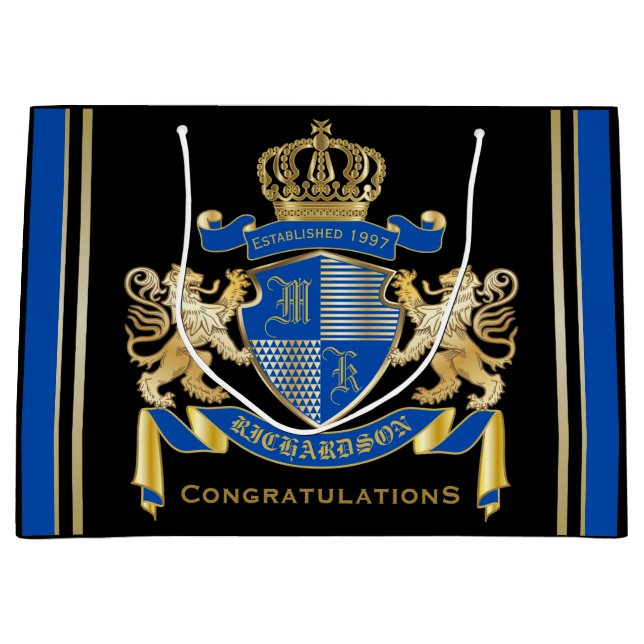 Create Your Own Coat of Arms Blue Gold Lion Emblem Large Gift Bag (Front)