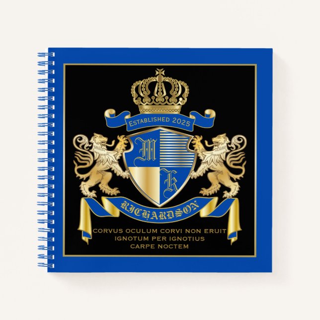 Create Your Own Coat of Arms Blue Gold Lion Emblem Notebook (Front)