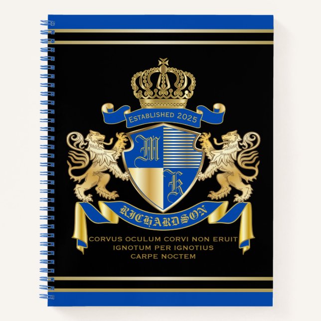 Create Your Own Coat of Arms Blue Gold Lion Emblem Notebook (Front)