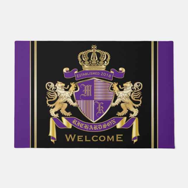 Create Your Own Coat of Arms Monogram Lion Emblem Doormat (Front)