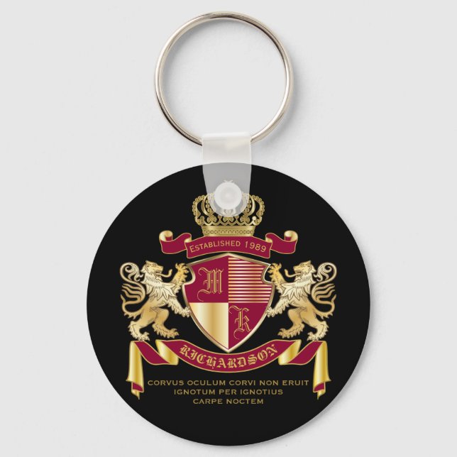 Create Your Own Coat of Arms Red Gold Lion Emblem Keychain (Front)