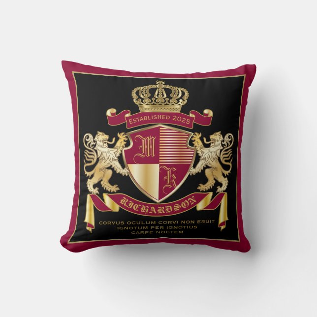 Create Your Own Coat of Arms Red Gold Lion Emblem Throw Pillow (Front)