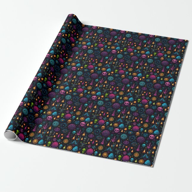 Create Your Own Colorful Symbols & Skulls Black Wrapping Paper (Unrolled)