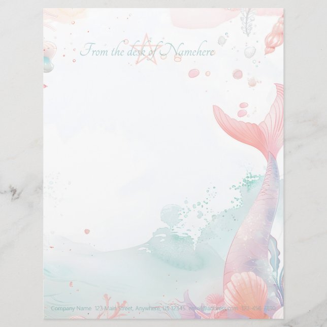 Create Your Own Coral Mermaid Tail Sea Shells Letterhead (Front)