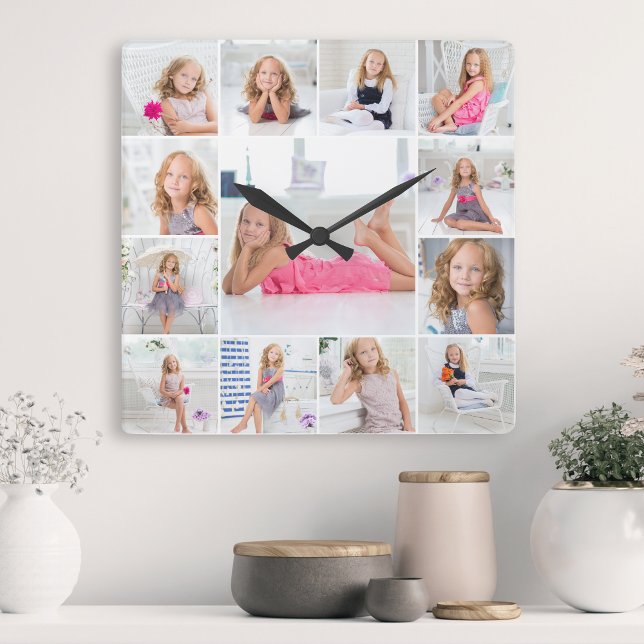 Create Your Own Custom 13 Photo Collage Family Square Wall Clock (Creator Uploaded)