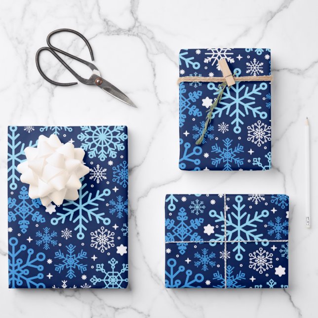 Create Your Own Custom Bright Blue Snowflakes Wrapping Paper Sheet (Front)