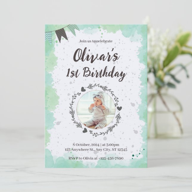 Create your own Custom Photo Boy Blue 1st Birthday Invitation (Standing Front)