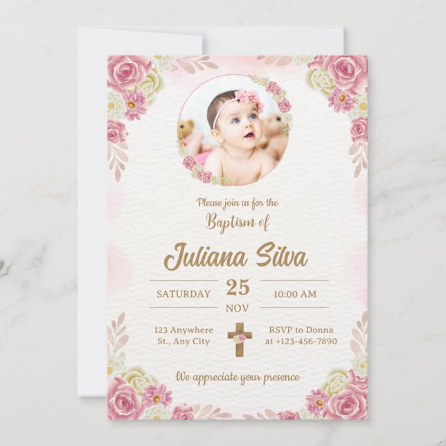 Create your own Custom Photo Girls Pink Baptism Invitation (Front)