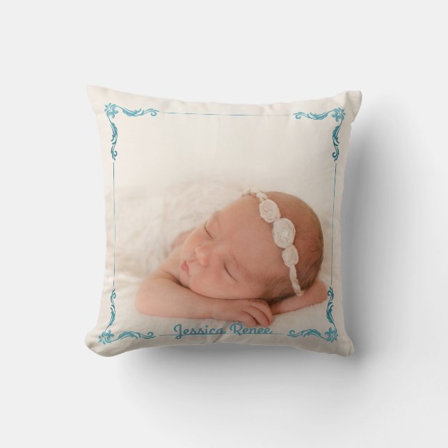 Create Your Own Custom Photo Name Turquoise Frame Throw Pillow (Front)