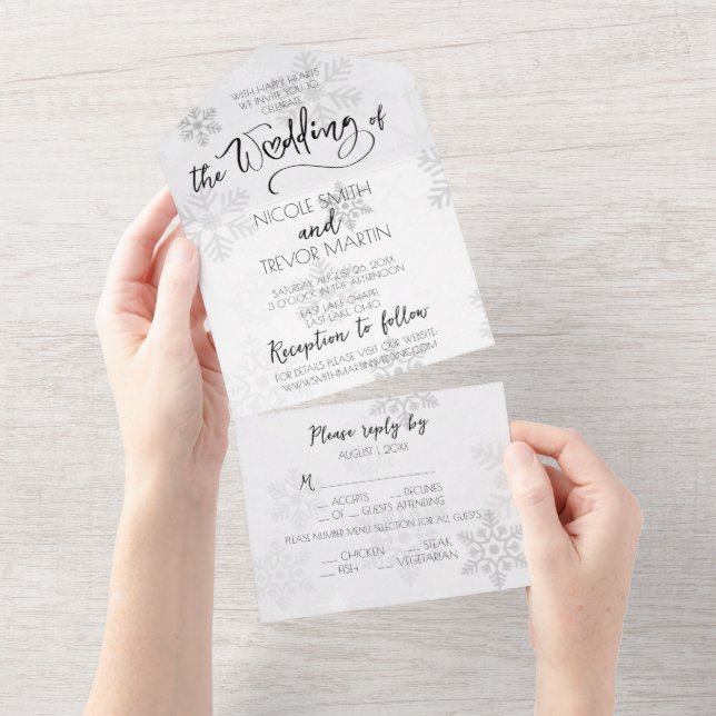Create Your Own Custom Pretty Icy Snowflakes Grey All In One Invitation (Tearaway)