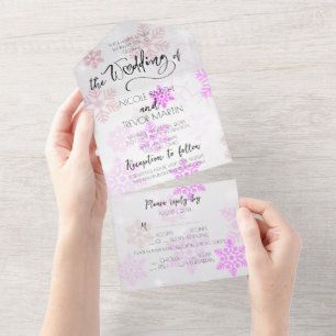 Create Your Own Custom Pretty Icy Snowflakes Pink All In One Invitation