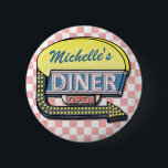 Create Your Own Custom Retro 50's Diner Sign 2 2 Inch Round Button<br><div class="desc">Create your own custom, 1950's style diner sign round button using this easy template. These cool retro buttons have a slightly distressed pink-and-white chequered background with a sign on top that says "DINER" and "OPEN" in neon with space for you to add your own first or last name - or...</div>