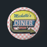 Create Your Own Custom Retro 50's Diner Sign 2 Inch Round Button<br><div class="desc">Create your own custom, 1950's style diner sign round button using this easy template. These cool retro buttons have a slightly distressed pink-and-white chequered background with a sign on top that says "DINER" and "OPEN" in neon with space for you to add your own first or last name - or...</div>