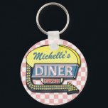 Create Your Own Custom Retro 50's Diner Sign 2 Keychain<br><div class="desc">Create your own custom, 1950's style diner sign keychain using this easy template. These cool retro keychains have a slightly distressed pink-and-white chequered background with a sign on top that says "DINER" and "OPEN" in neon with space for you to add your own first or last name - or any...</div>