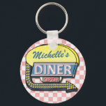 Create Your Own Custom Retro 50's Diner Sign 2 Keychain<br><div class="desc">Create your own custom, 1950's style diner sign keychain using this easy template. These cool retro keychains have a slightly distressed pink-and-white chequered background with a sign on top that says "DINER" and "OPEN" in neon with space for you to add your own first or last name - or any...</div>