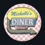 Create Your Own Custom Retro 50's Diner Sign 2 Magnet<br><div class="desc">Create your own custom, 1950's style diner sign refrigerator magnet using this easy template. These cool retro magnets have a slightly distressed pink-and-white chequered background with a sign on top that says "DINER" and "OPEN" in neon with space for you to add your own first or last name - or...</div>