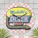 Create Your Own Custom Retro 50's Diner Sign 2 Round Clock<br><div class="desc">Create your own custom, 1950's style diner sign clock using this easy template. These cool retro clocks have a slightly distressed pink-and-white chequered background with a sign on top that says "DINER" and "OPEN" in neon with space for you to add your own first or last name - or any...</div>